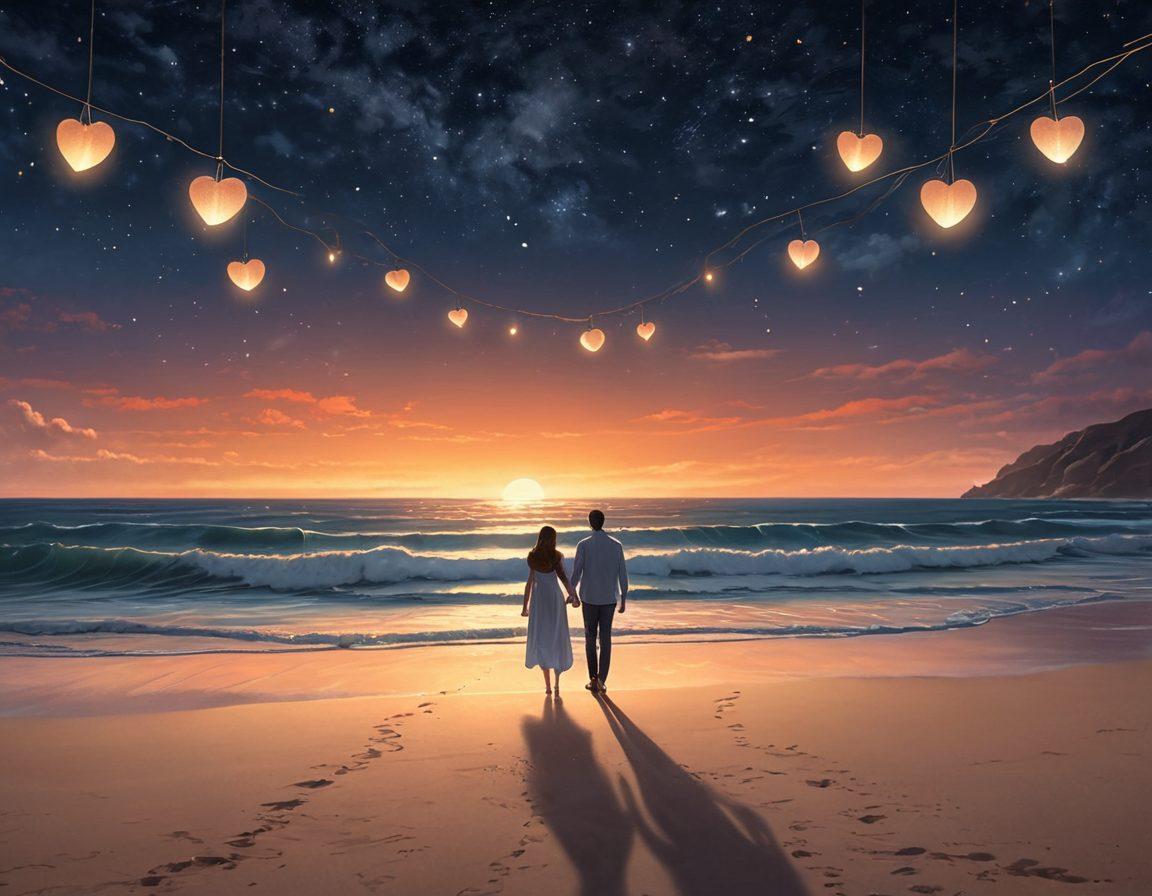 An enchanting couple stands on a moonlit beach, holding hands under a starlit sky with a candlelit dinner beside them. Surrounding them are romantic elements like heart-shaped lanterns, soft glows, and softly crashing waves. Super-realistic. Warm, cozy colors. Ethereal atmosphere.