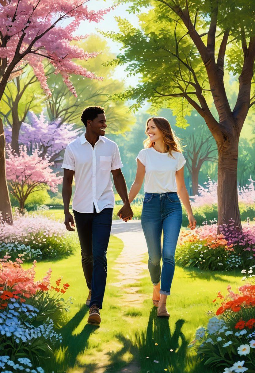 A couple walking hand-in-hand through a picturesque park, surrounded by blossoming flowers and soft sunlight filtering through the trees, symbolizing growth and harmony in a relationship. Both are smiling and looking into each other's eyes, capturing a moment of deep connection and joy. Birds are flying in the background, adding a touch of freedom and serenity to the scene. super-realistic. vibrant colors. natural lighting.