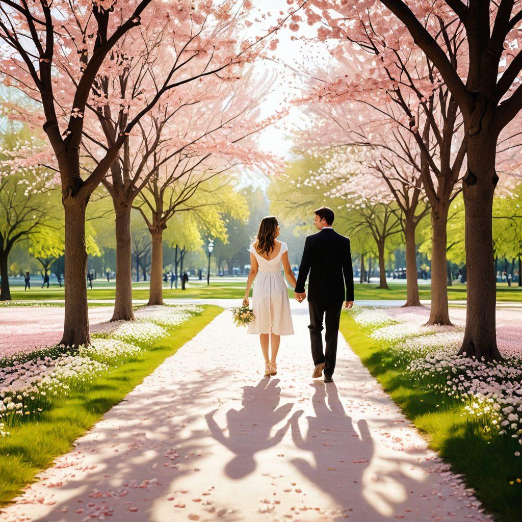 A loving couple walking hand-in-hand through a peaceful, sunlit park, with blossoms falling around them; symbolizing the journey from courtship to marriage. Subtle heart-shaped motifs subtly incorporated in the background, adding a touch of romance. vibrant colors. super-realistic. white background.